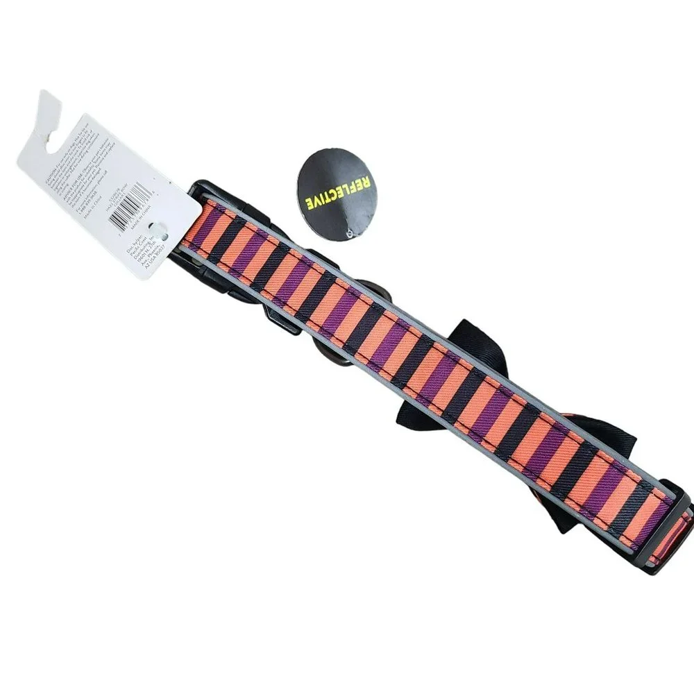 Thrills & Chills Glow In The Dark Halloween Black & Orange Dog Collar Sz LG